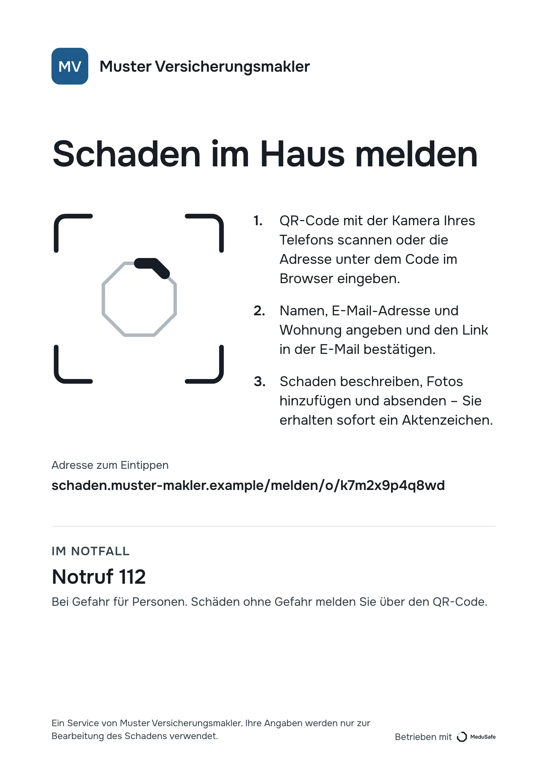 Aushang mit QR-Code zum Melden eines Schadens