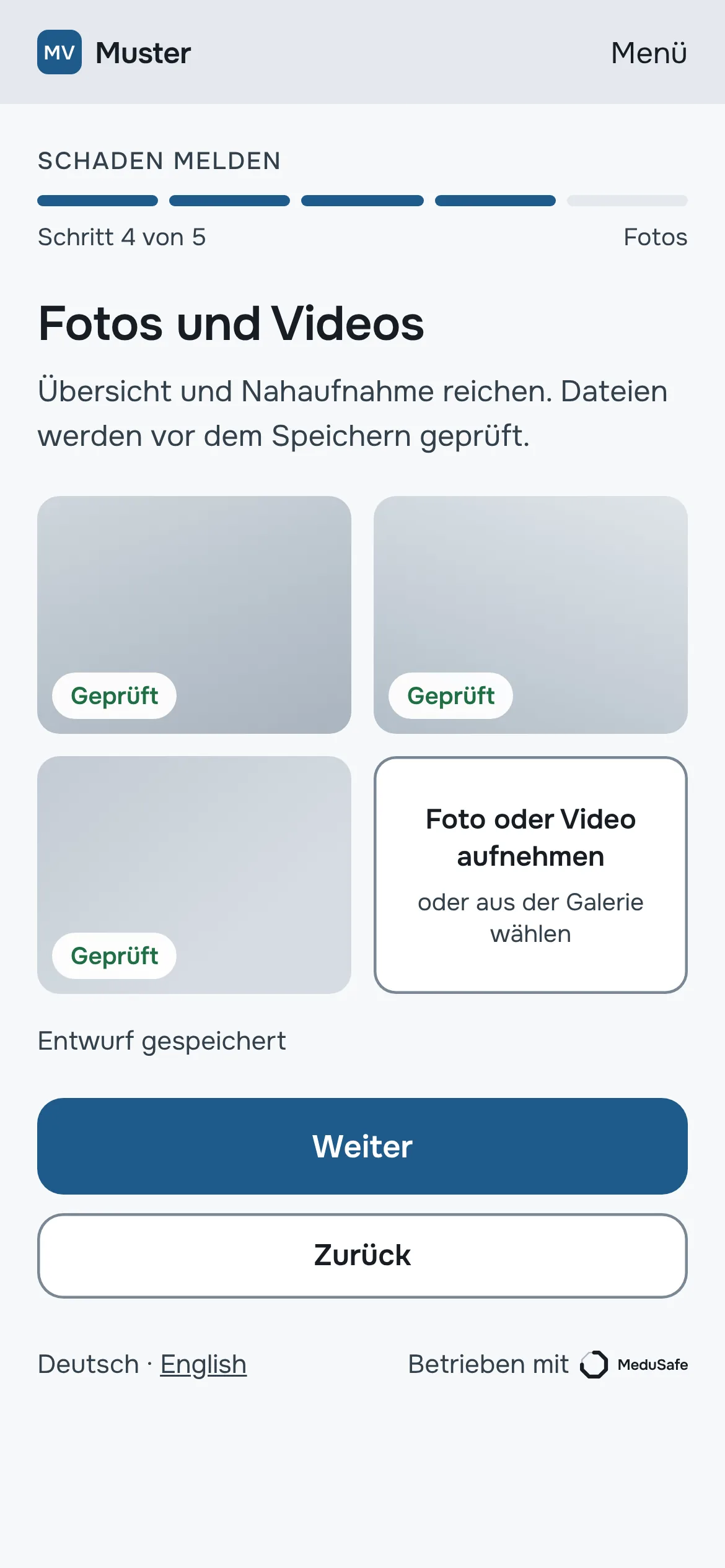 Meldeassistent am Handy, Schritt Fotos und Videos