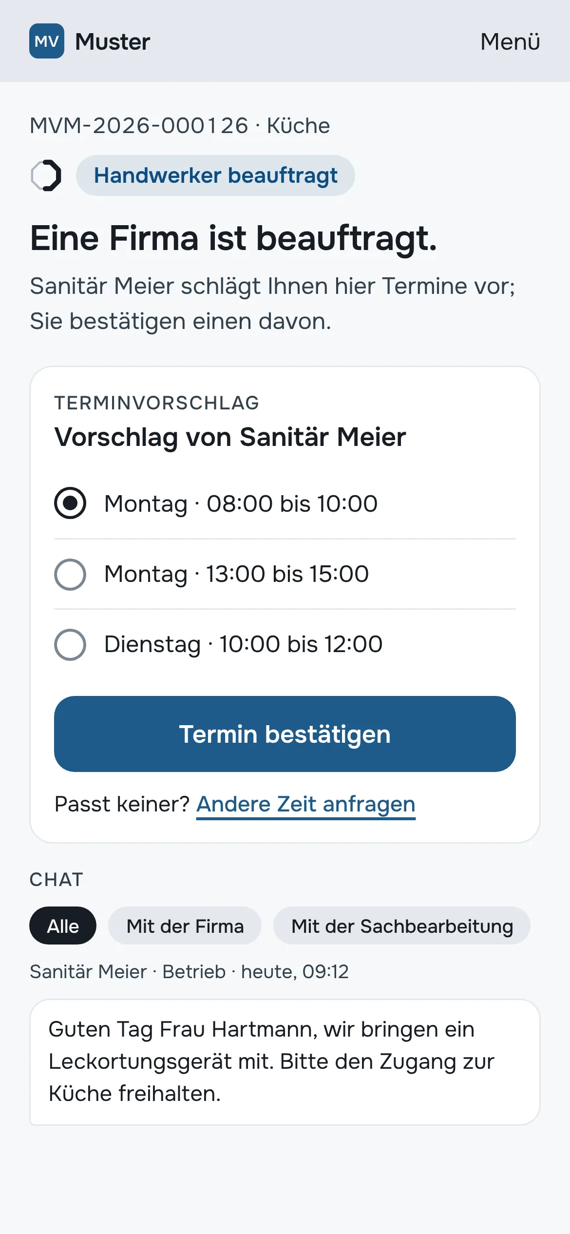 Terminvorschlag mit drei Zeitfenstern im Chat am Handy
