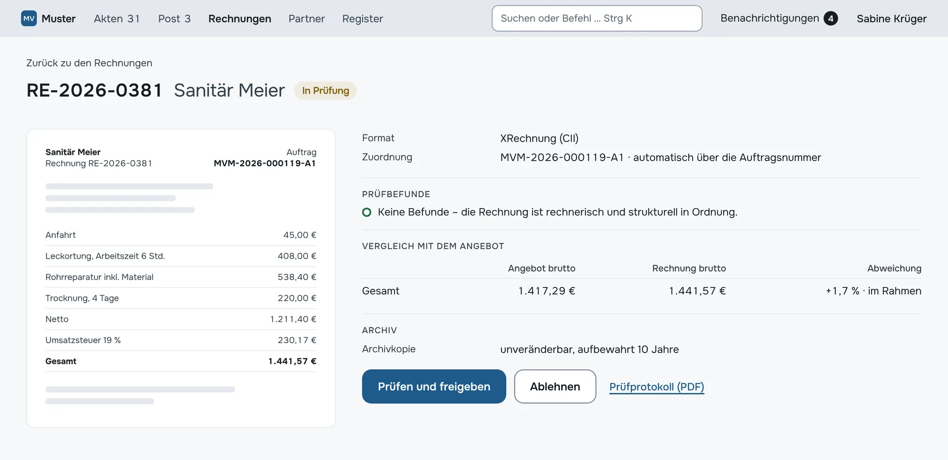 Rechnungsdetail mit Prüfergebnis und Abgleich mit dem Angebot